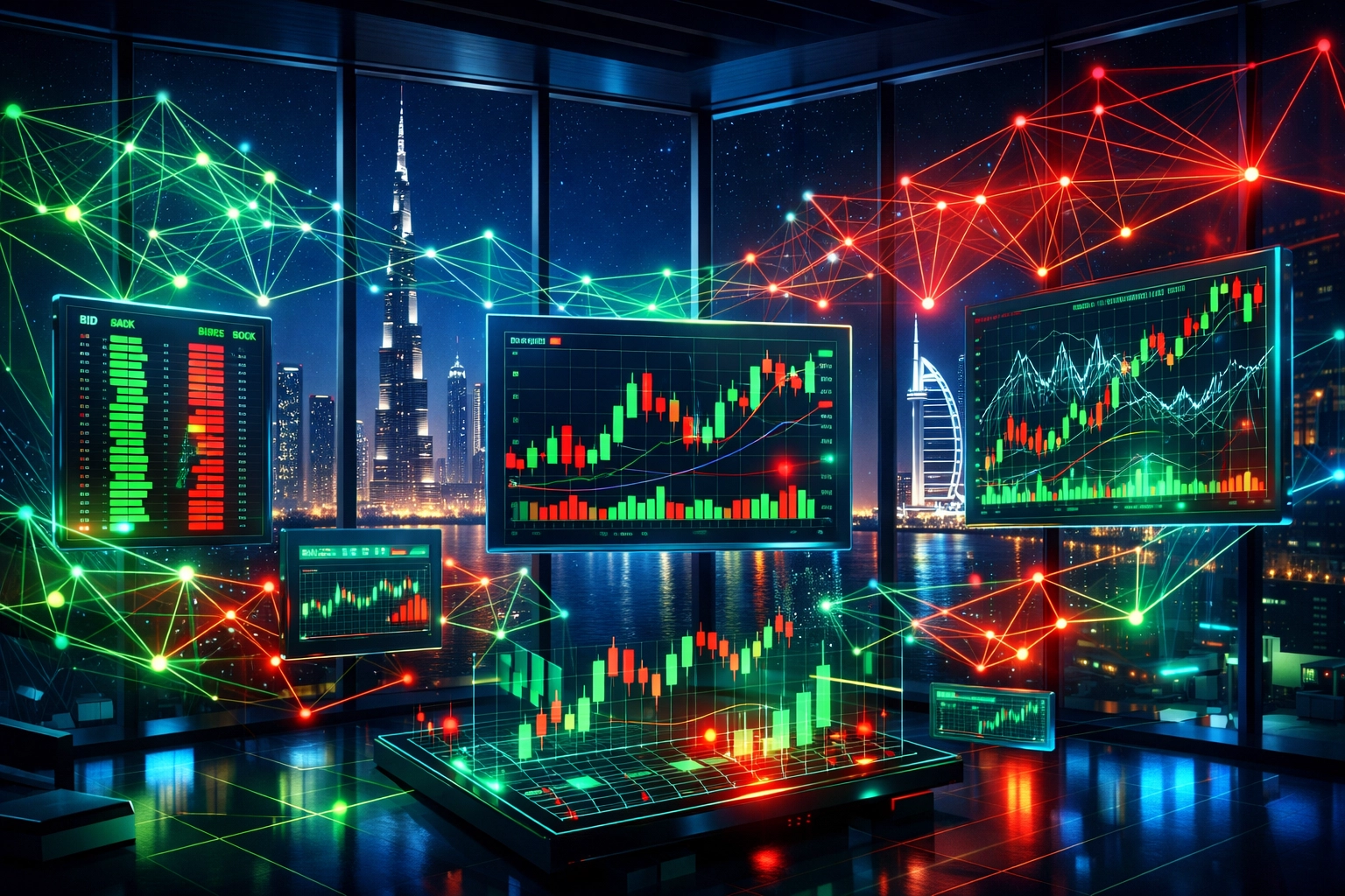 Algorithmic trading screens displaying real-time stock market data and machine learning patterns