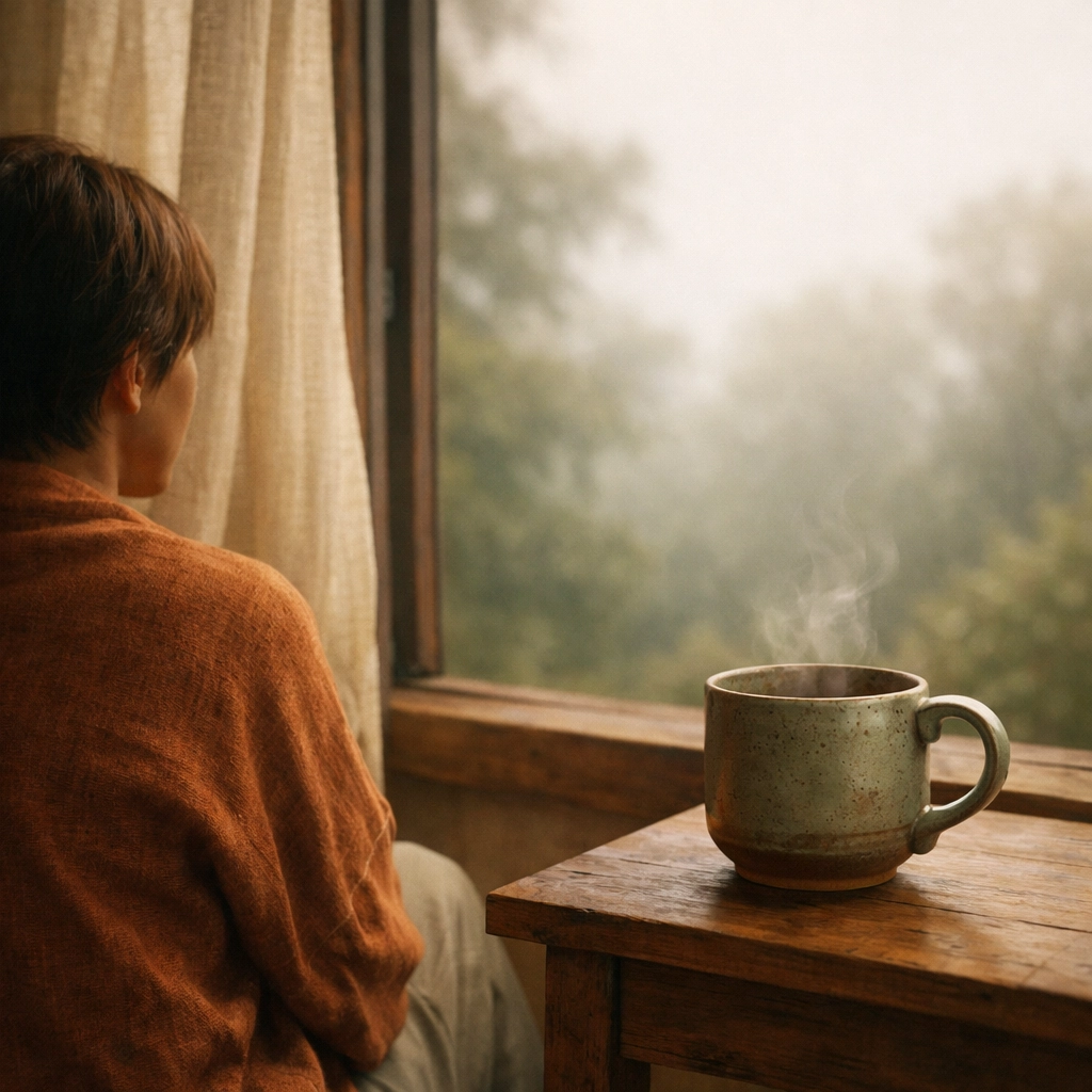 A person reflecting by a window, representing the self-awareness needed to understand attachment styles and emotions.