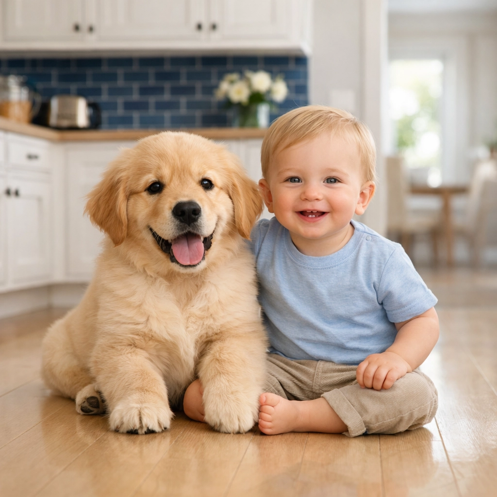 Toddler and puppy playing on a clean hardwood floor in a safe, toxin-free home in Natick.