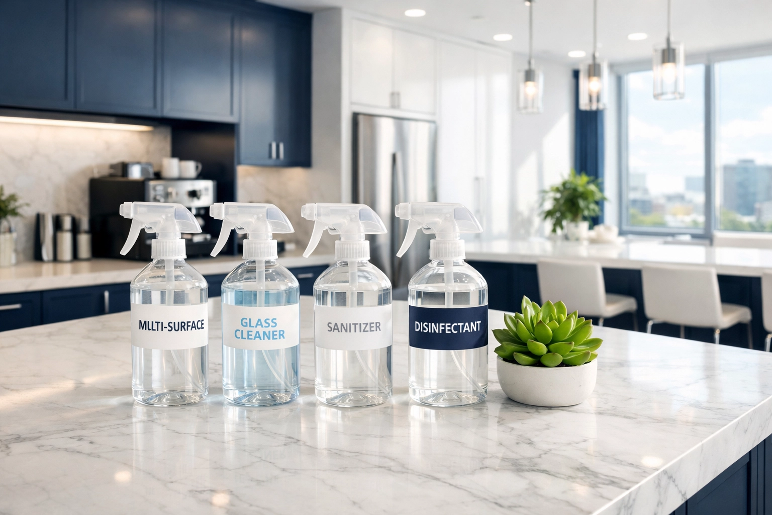 Eco-friendly cleaning products on an office counter provided by janitorial services Massachusetts experts.