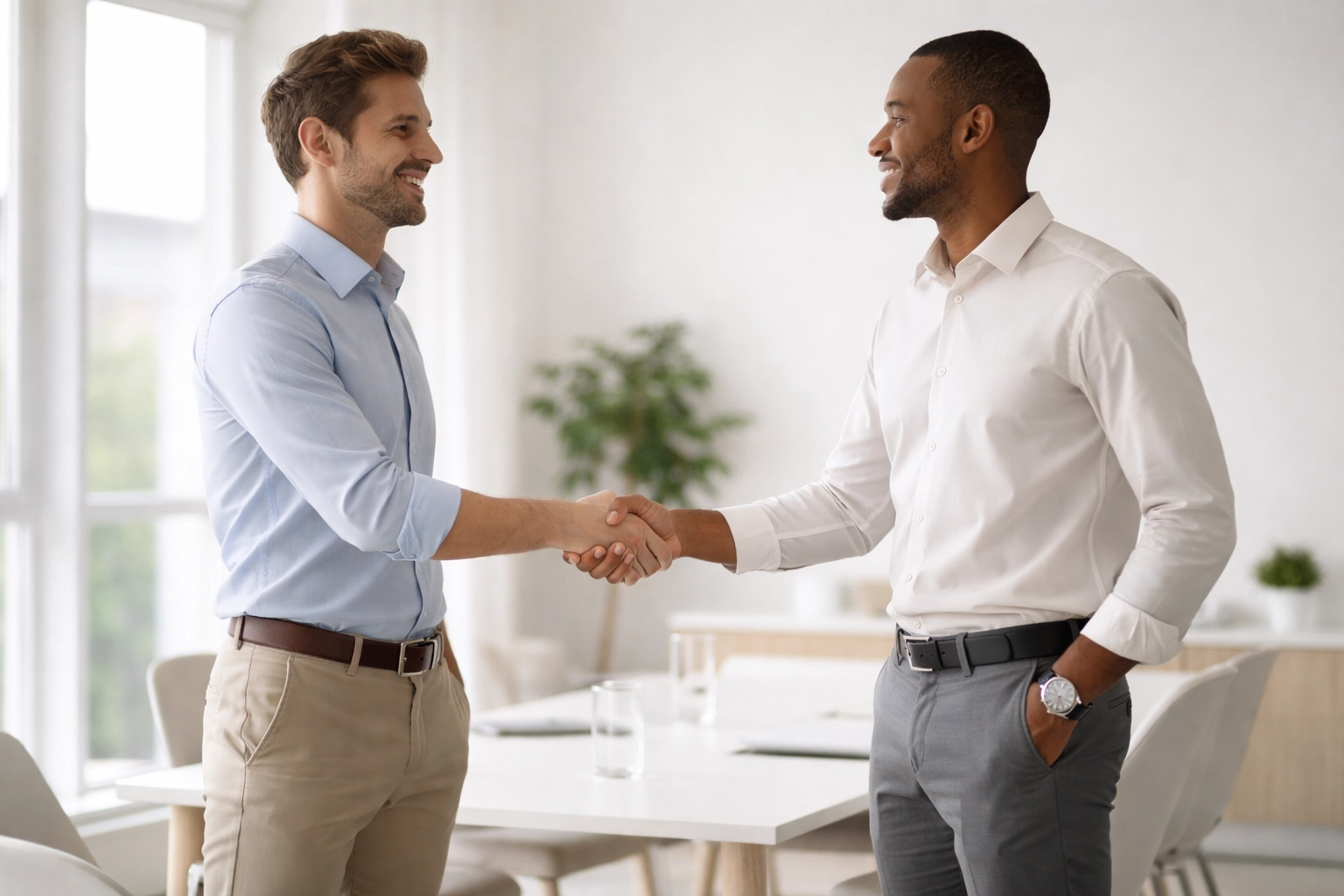 Two business professionals shaking hands in a modern office, representing networking for tax pros