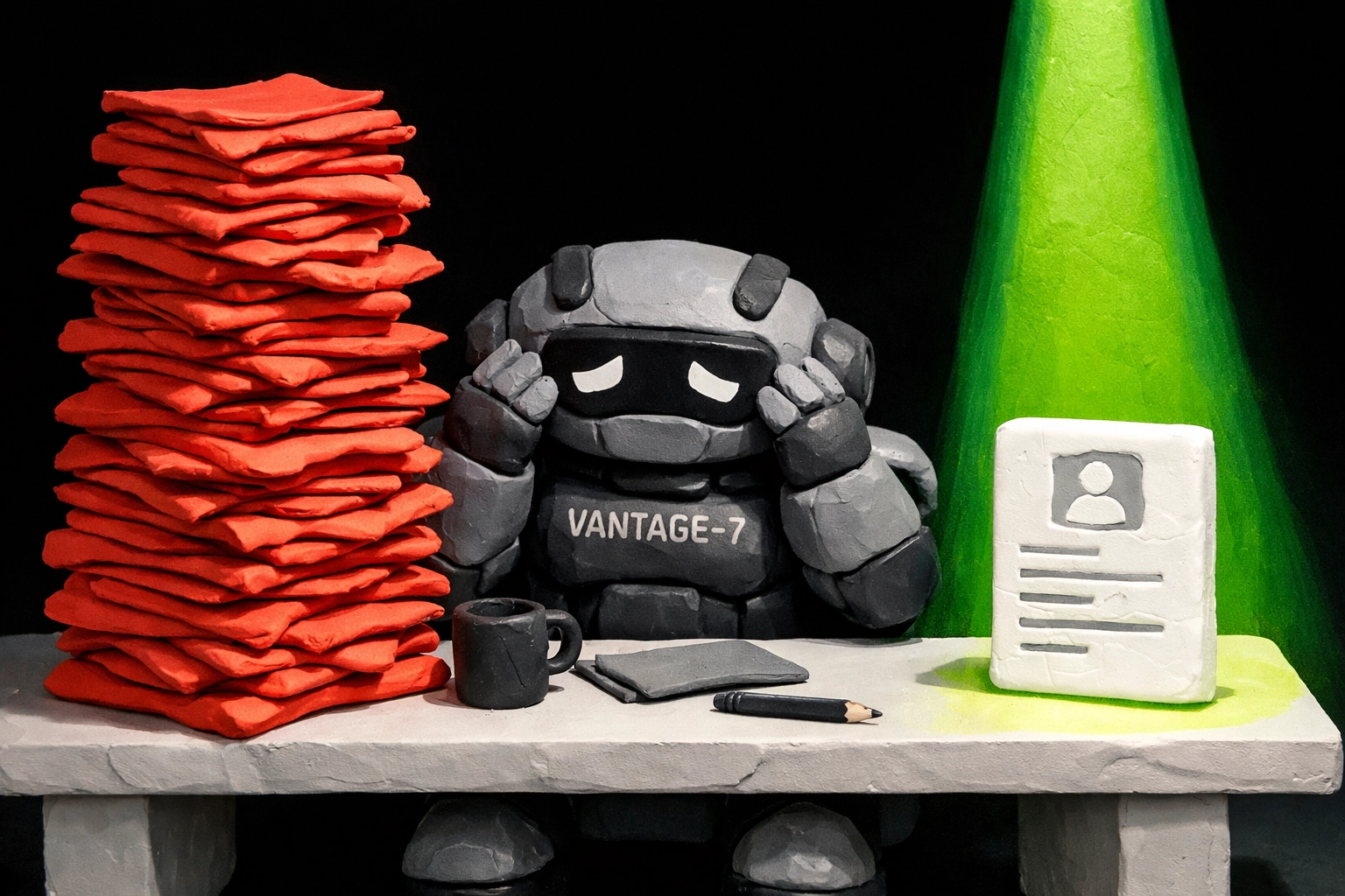 VANTAGE-7 robot sorting a pile of rejected resumes vs a green highlighted optimized resume for ATS pass.