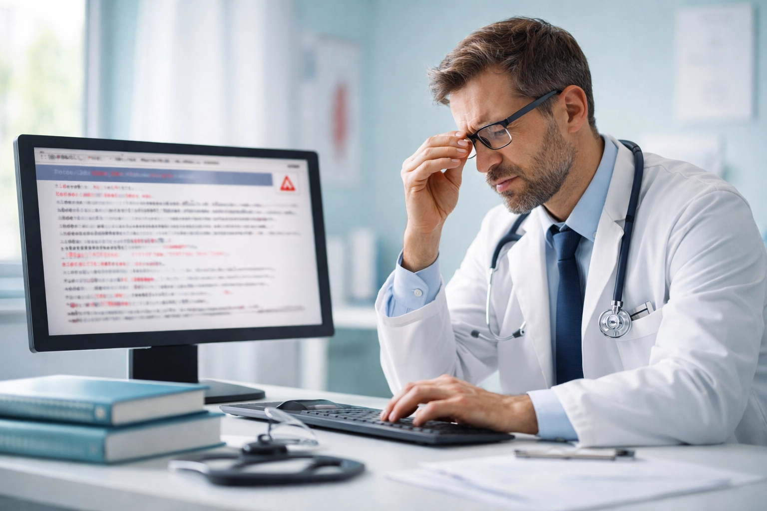Physician frustrated by confusing clinical documentation software at a desk, highlighting EHR challenges in healthcare.