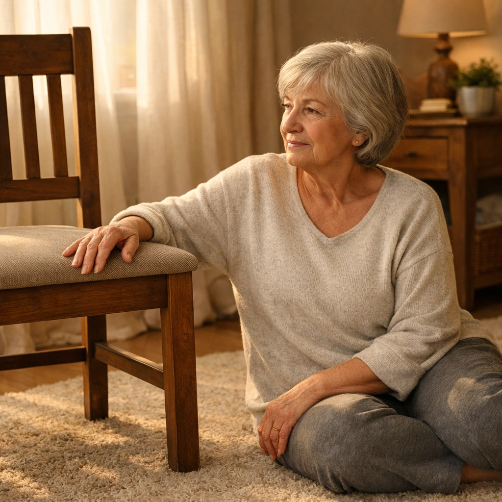 Senior woman preparing to get up from floor using sturdy chair for support after a fall