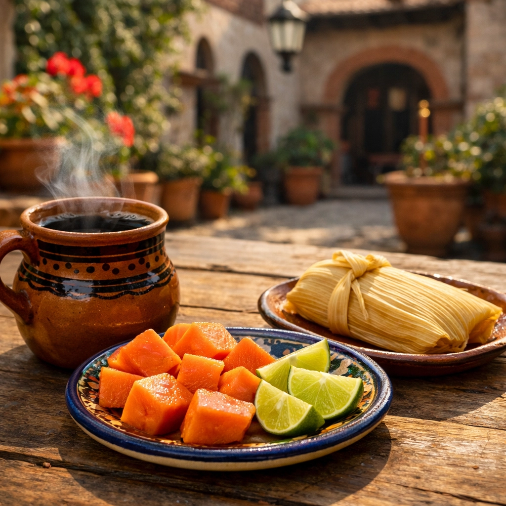 Traditional Mexican breakfast with tamales and coffee, a great budget travel food choice in Mexico City.