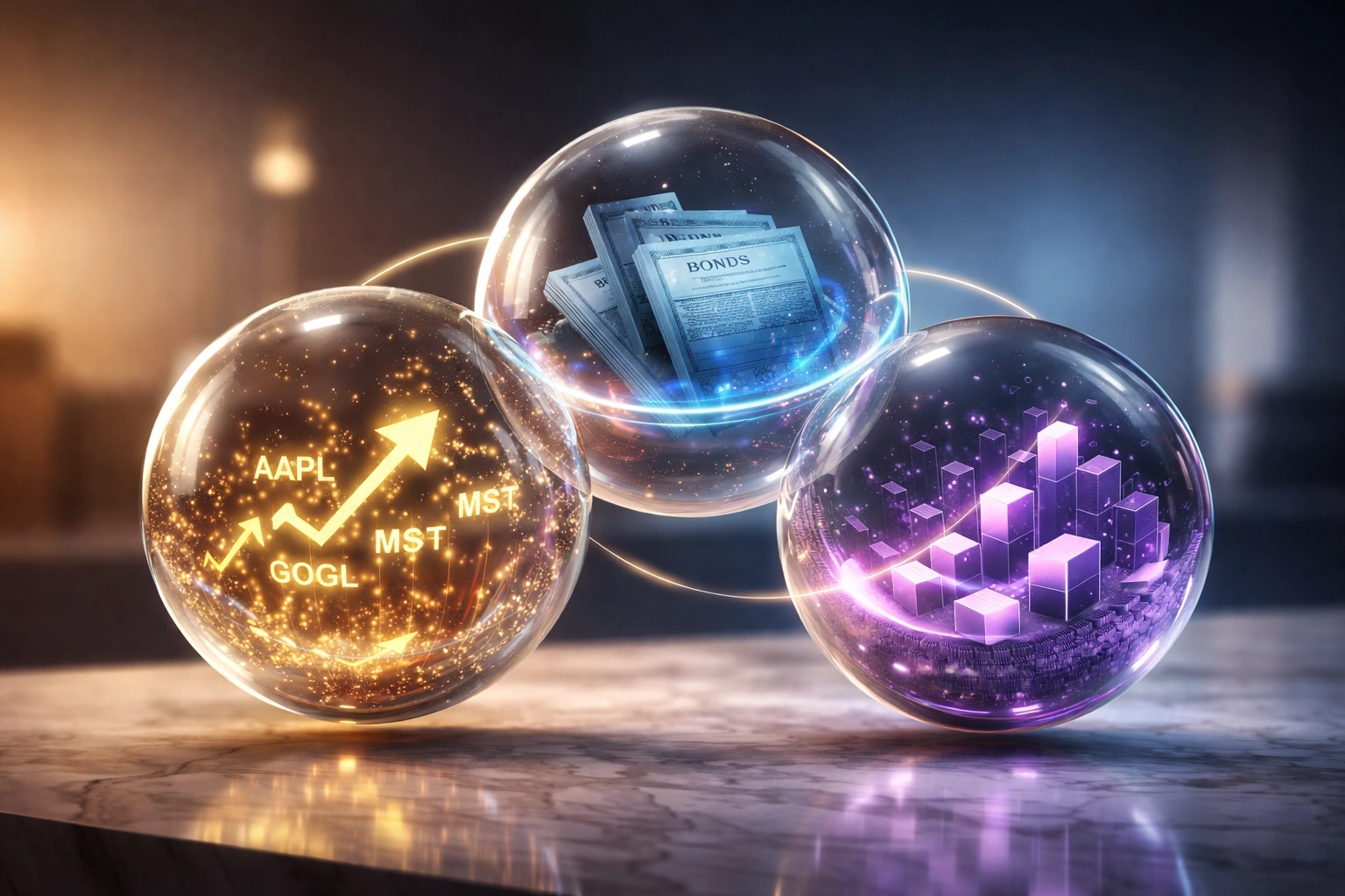 Three glowing spheres representing equities, bonds, and alternative assets for diversified investing