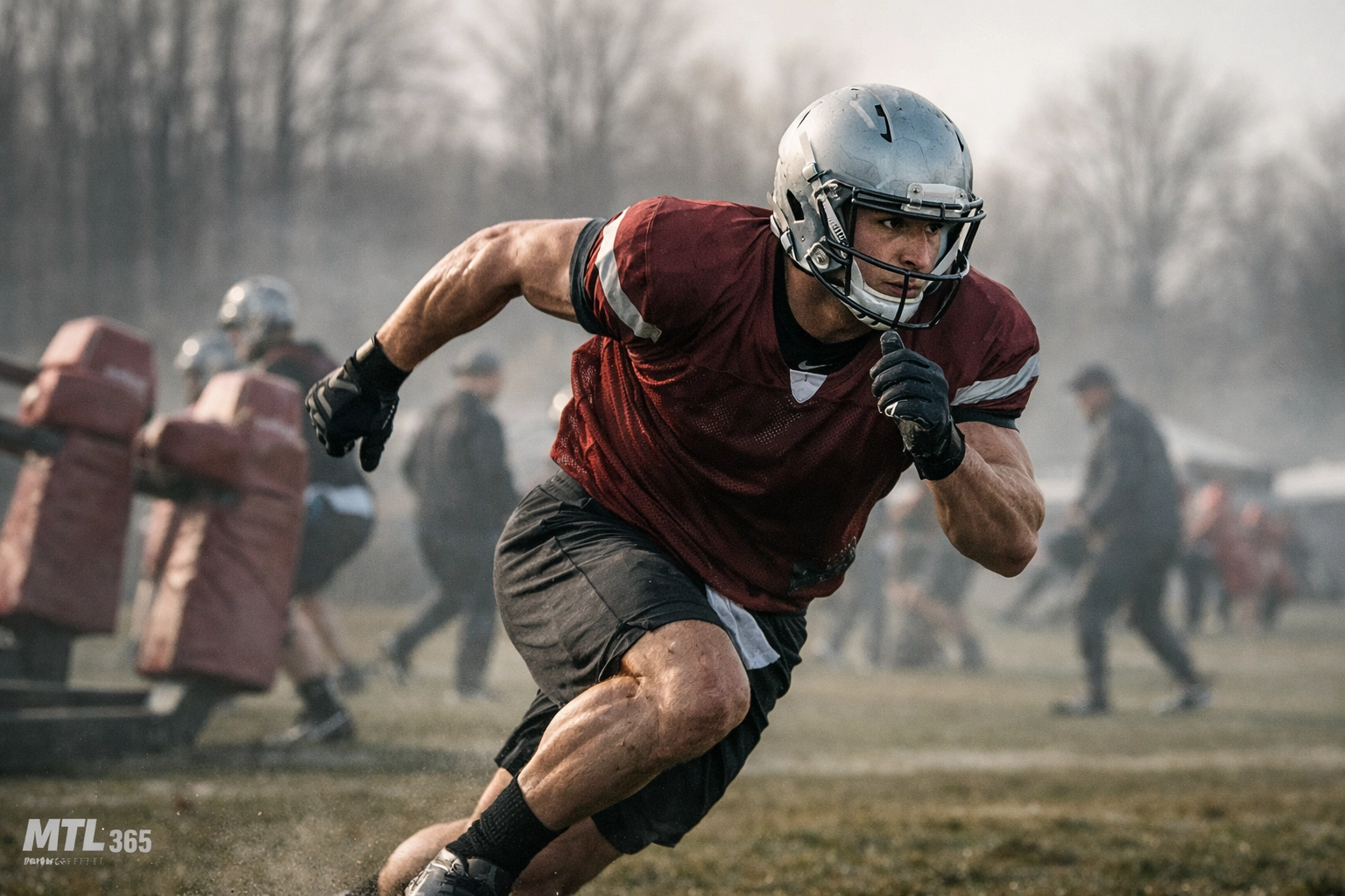 Montreal Alouettes player sprinting during football training camp in Quebec.