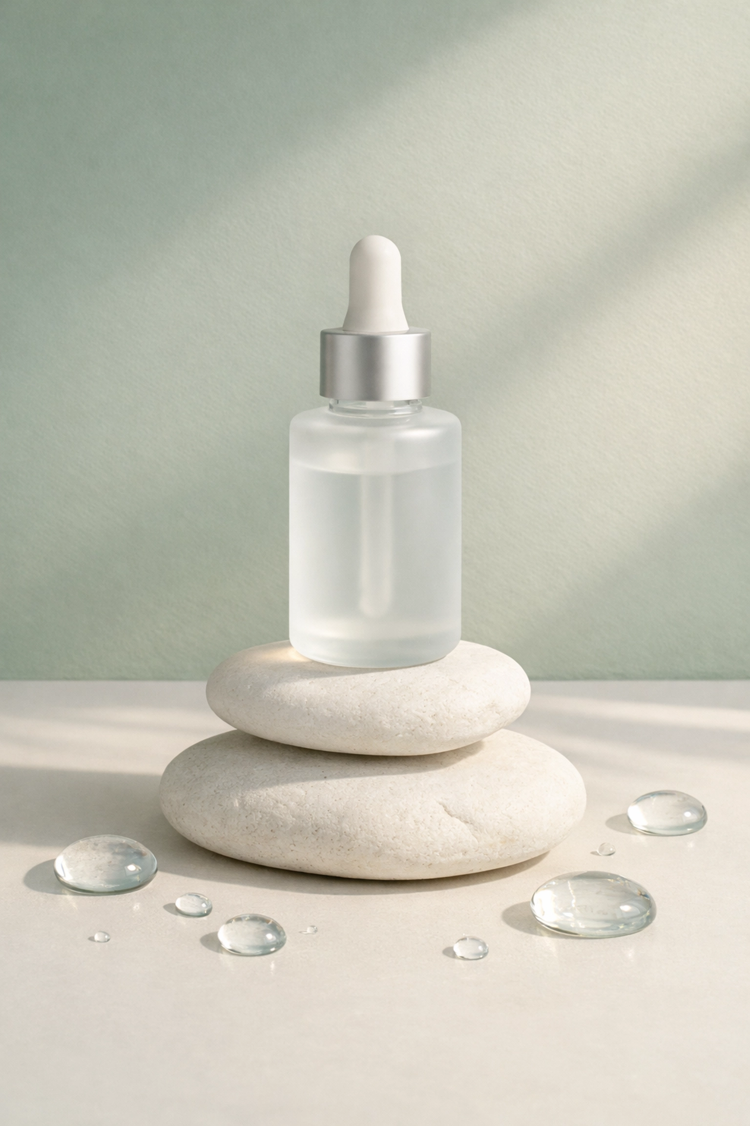 Frosted glass dropper bottle on smooth stones representing hydrating copper peptide skin care.