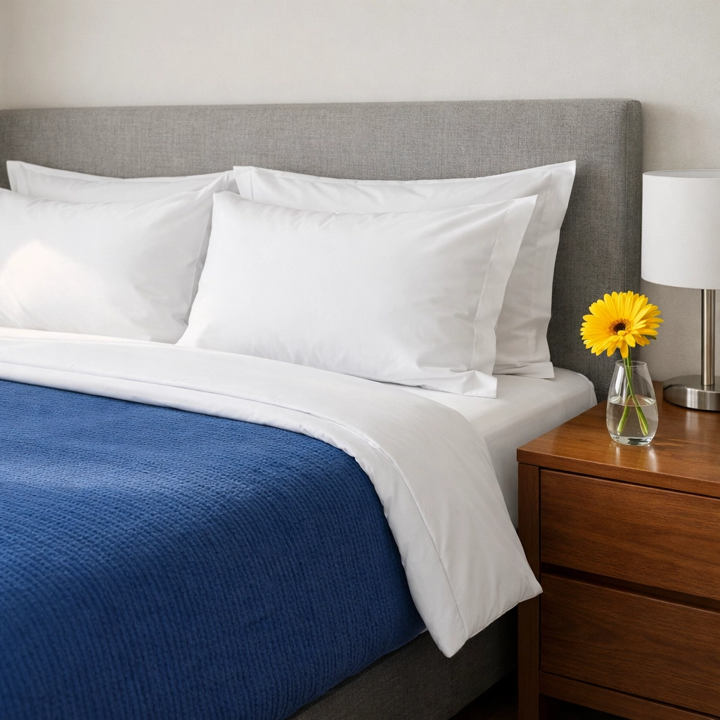 Professional house cleaning in Grafton MA showing a spotless bedroom with crisp linens and fresh decor.