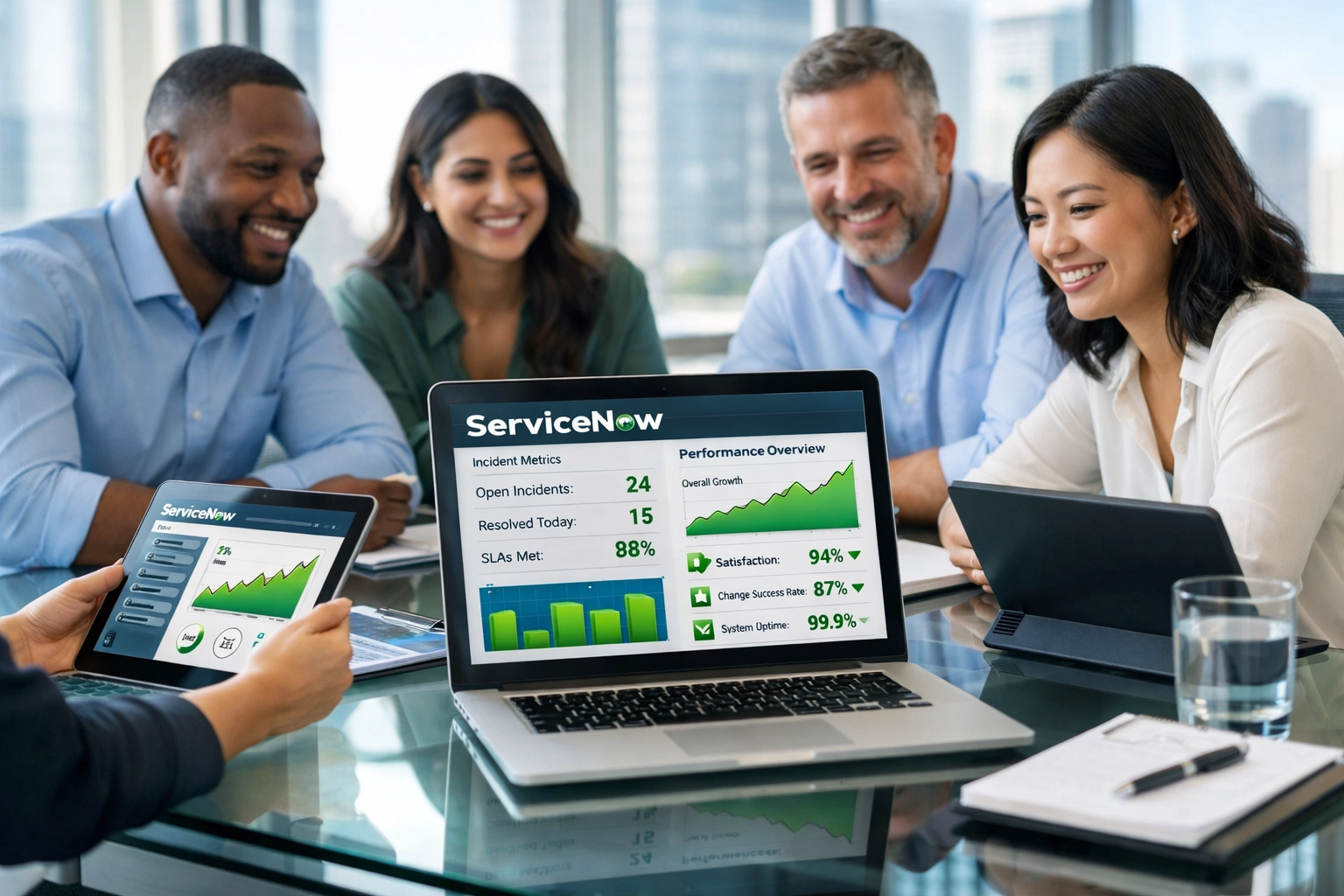 IT team analyzing ServiceNow ITOM dashboards showing MTTR productivity improvements