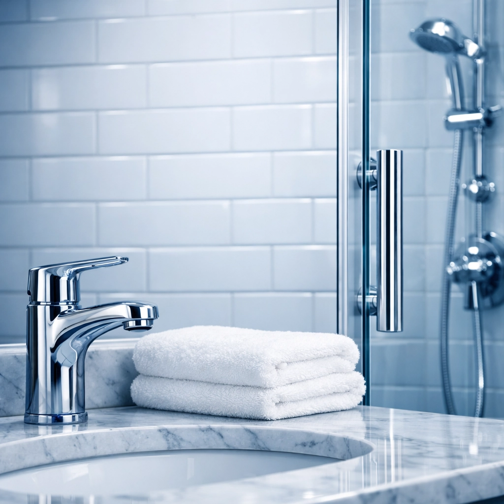 Sparkling clean modern bathroom vanity and glass shower after deep apartment cleaning.