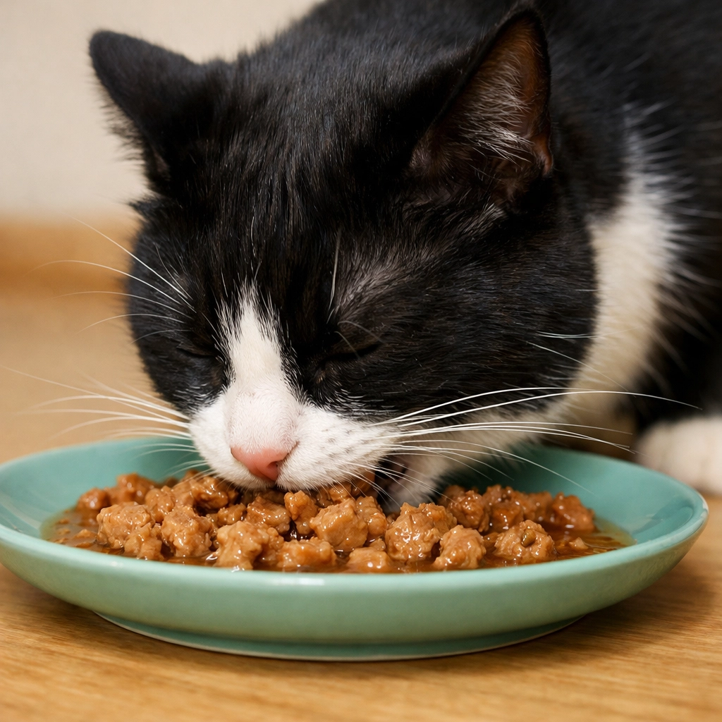 Close-up of a tuxedo cat eating from a wide shallow plate to avoid whisker fatigue.
