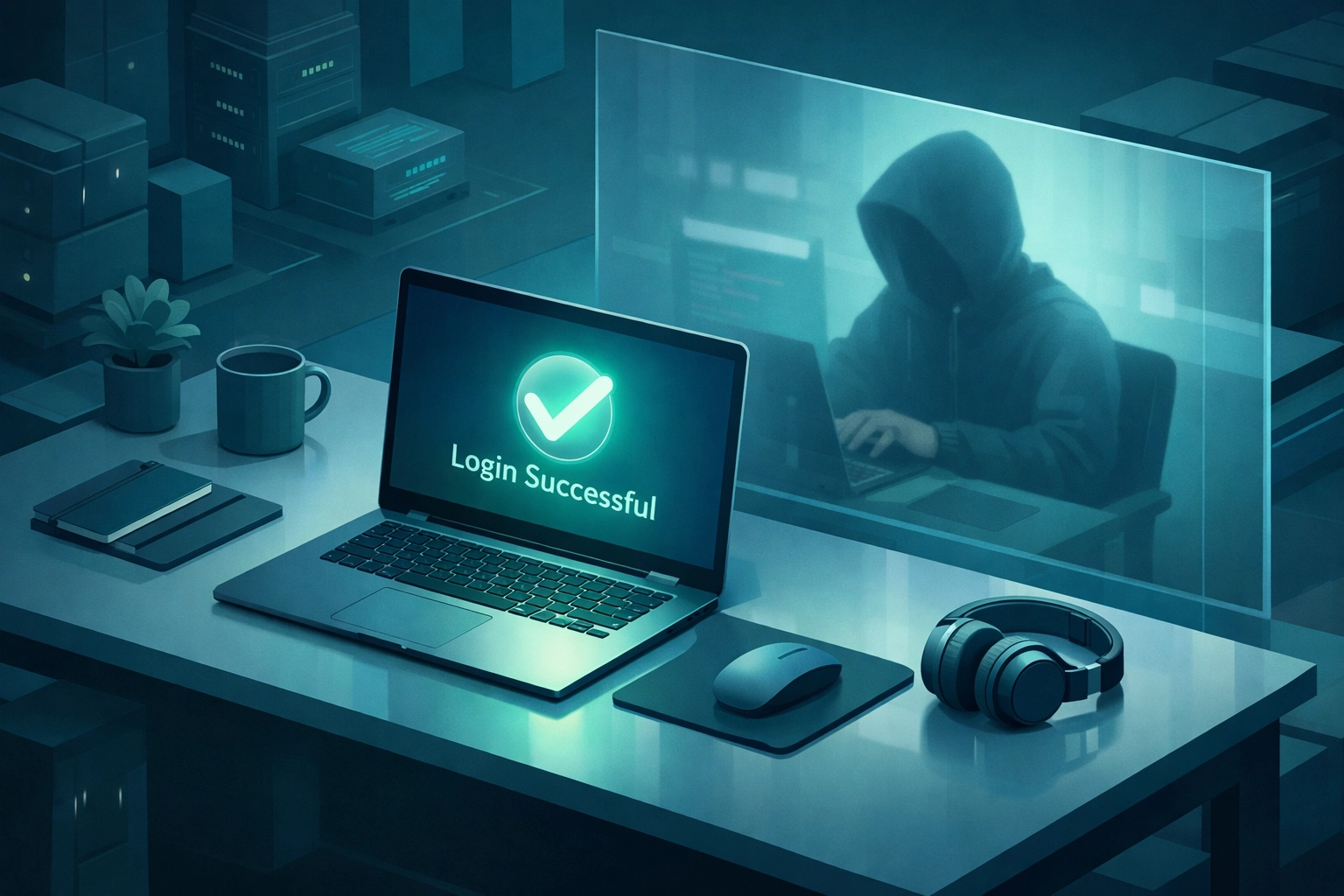 Cybercriminal shadow accessing a business laptop through a legitimate login to steal sensitive data.