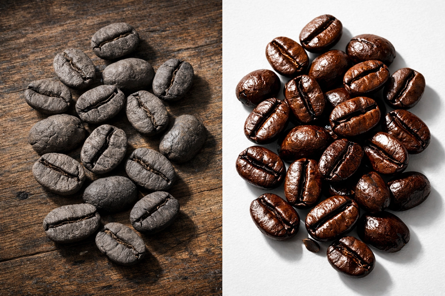 Comparison of stale supermarket coffee beans versus fresh-roasted beans showing quality difference
