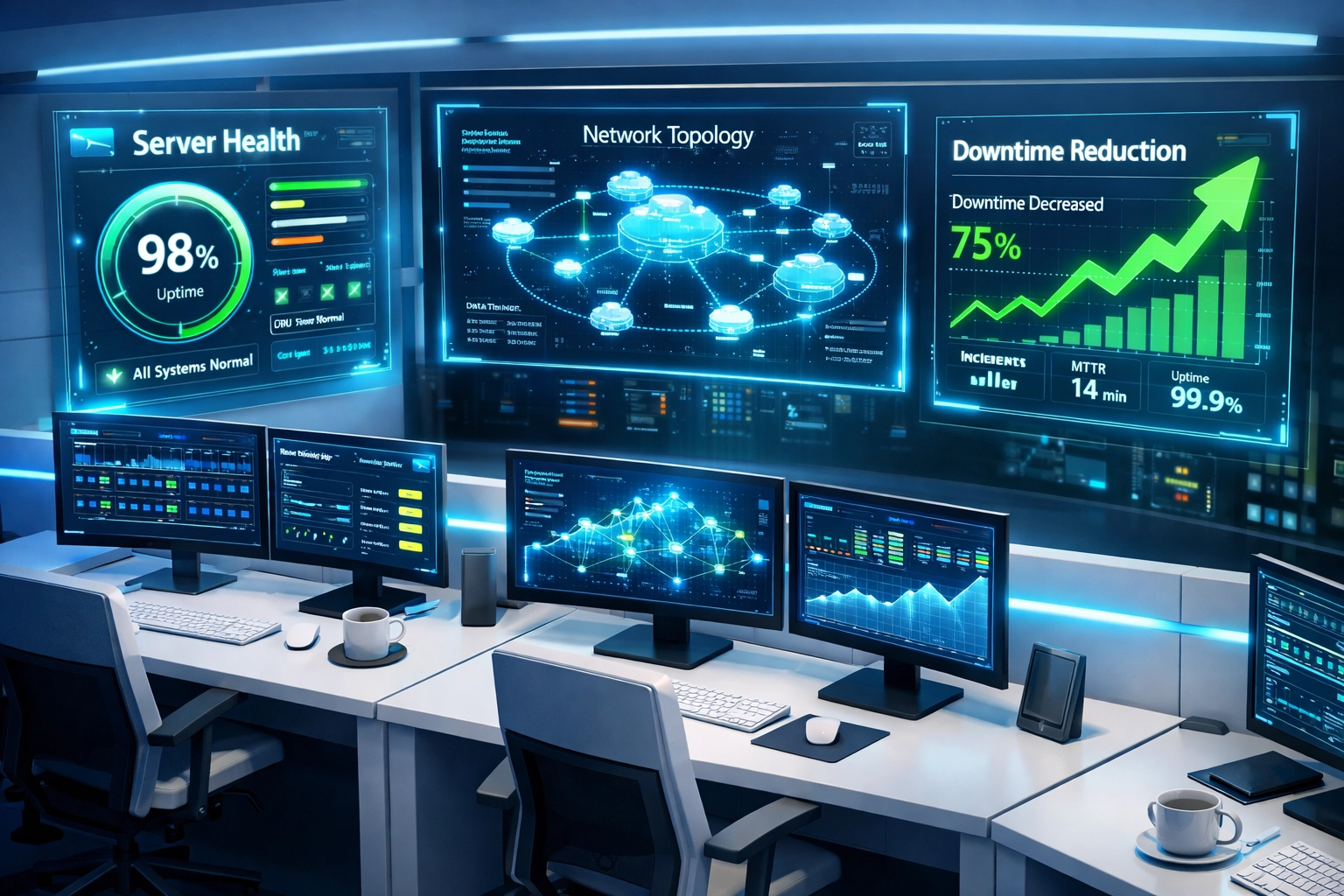 ServiceNow ITOM operations dashboard showing MTTR reduction and downtime metrics in real-time