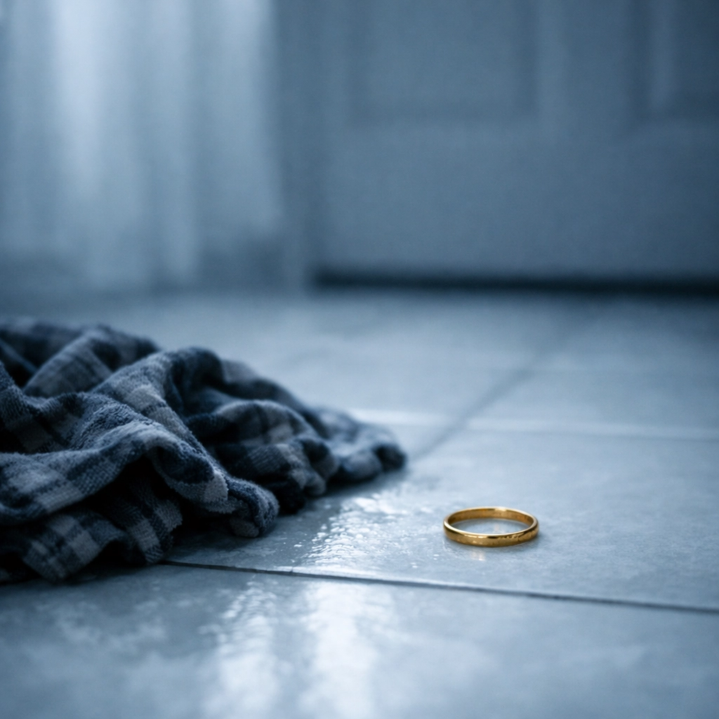 A discarded promise ring on a bathroom floor symbolizing the tragic end of a gay love story due to addiction.