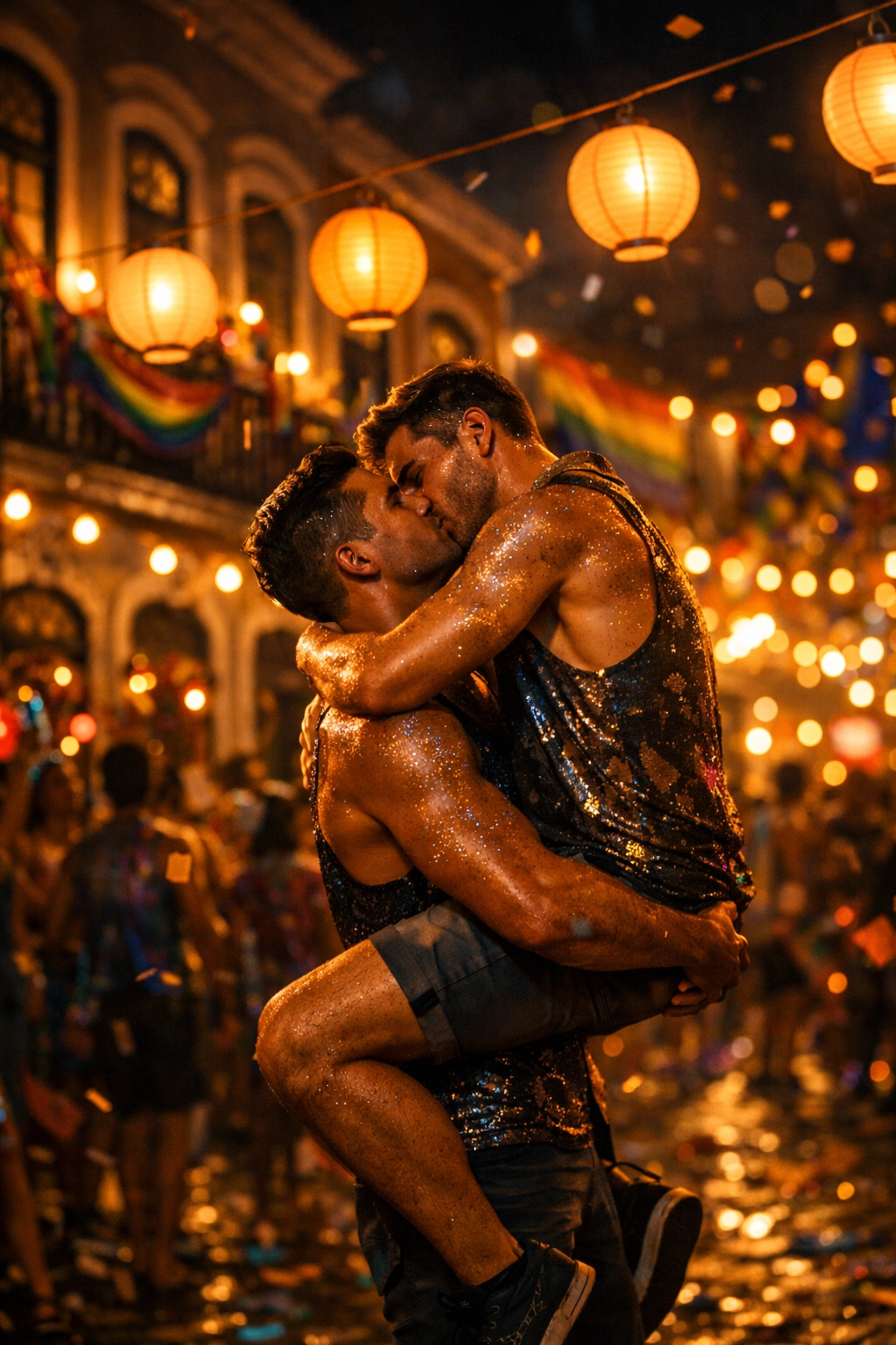 Gay couple embracing on Rio street during carnival night celebration with rainbow flags