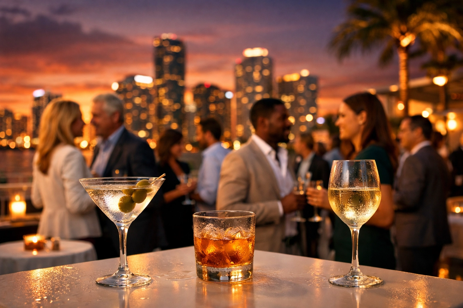 High-end corporate networking event on a Miami rooftop lounge overlooking the Brickell skyline at sunset.