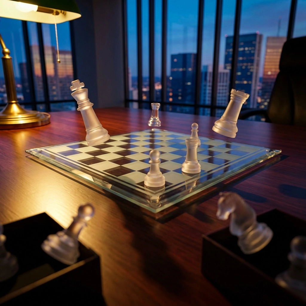 Modern chess board in executive office symbolizing strategic merger arbitrage opportunities