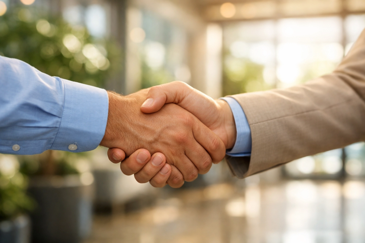 A professional handshake in a modern lobby signifying trust and ROI through premium hosting services.