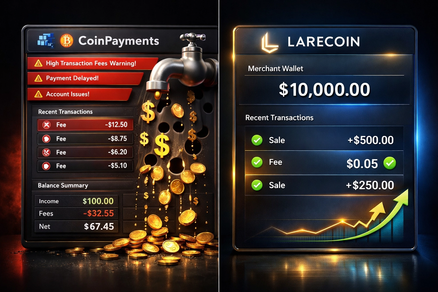 CoinPayments vs Larecoin fee comparison showing high payment processing costs versus near-zero gas fees