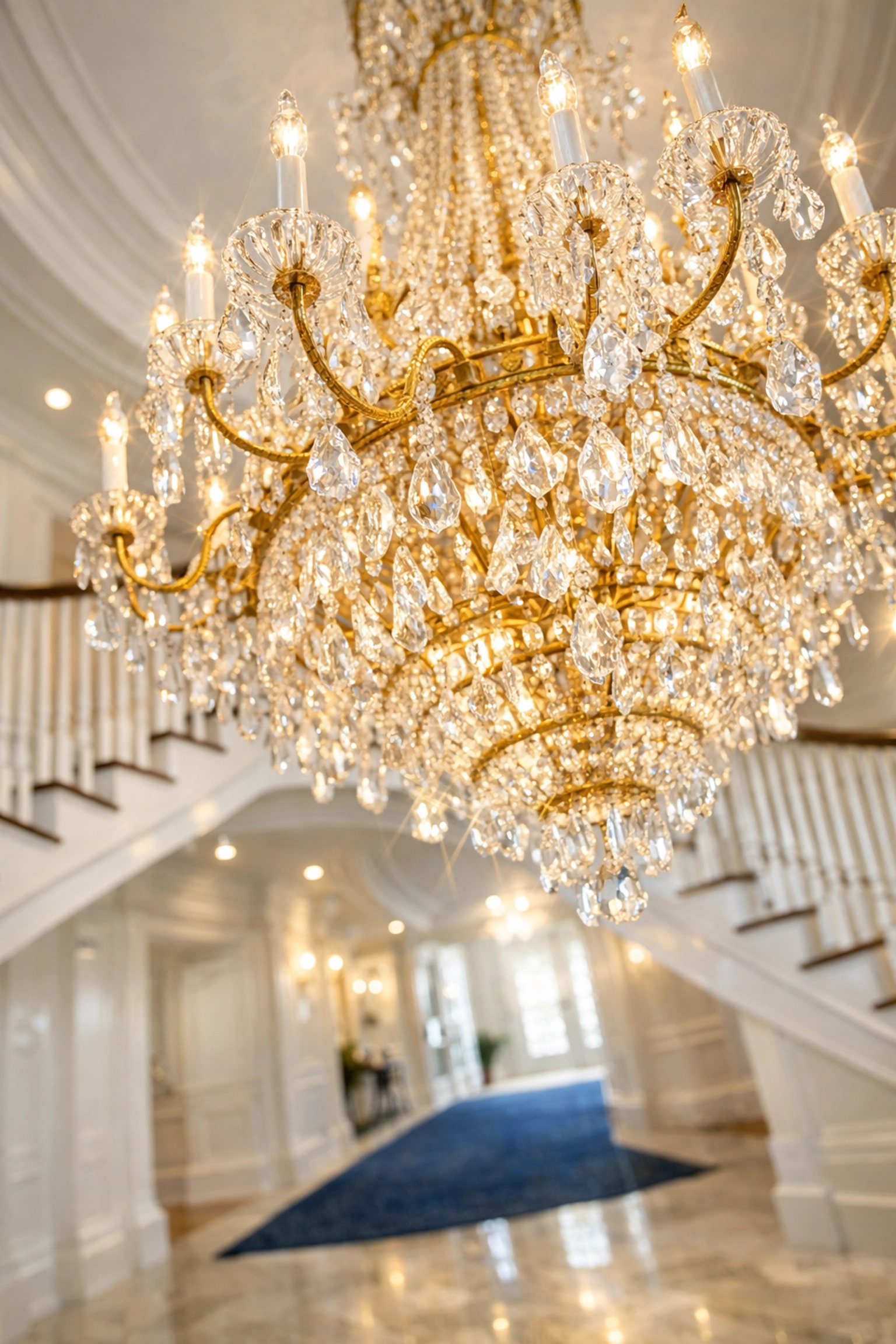 Dust-free crystal chandelier in a grand foyer after professional eco-friendly house cleaning Framingham MA.