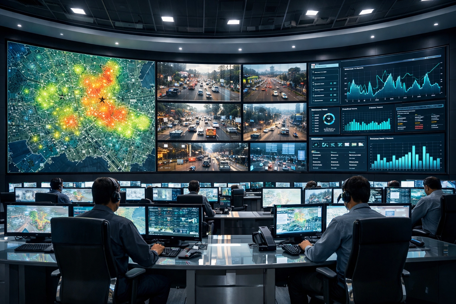Modern command center using latest technology news to monitor urban India living and traffic data.