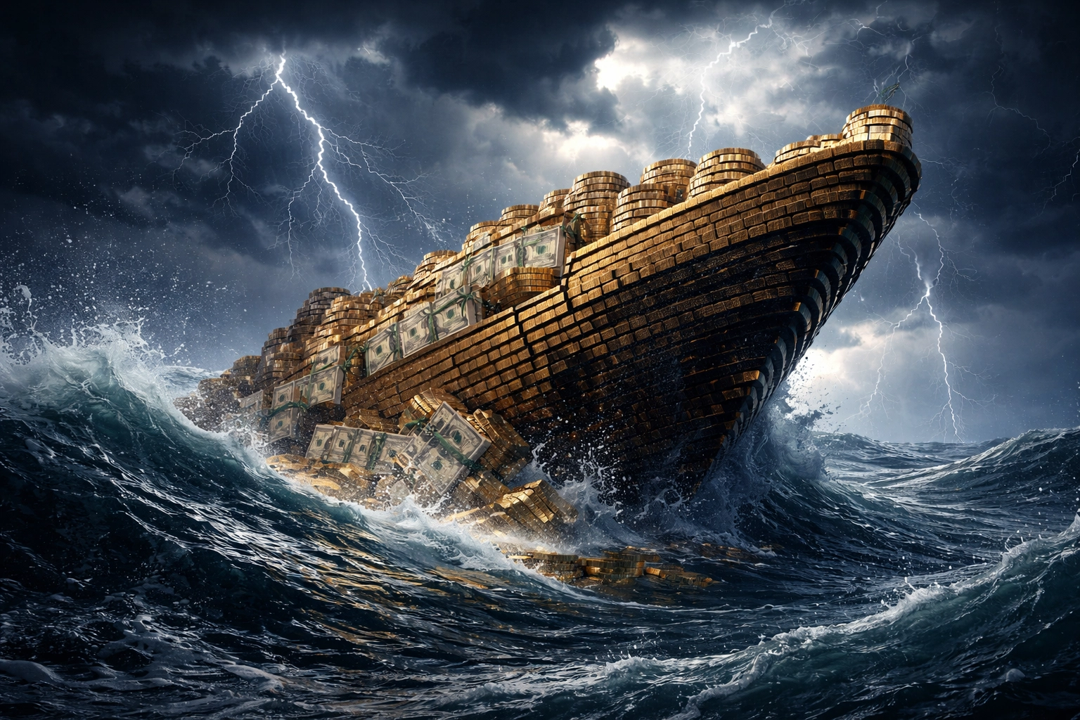 A sinking ship of gold coins and bonds in stormy seas symbolizes the risk of outdated 60/40 investment portfolios.