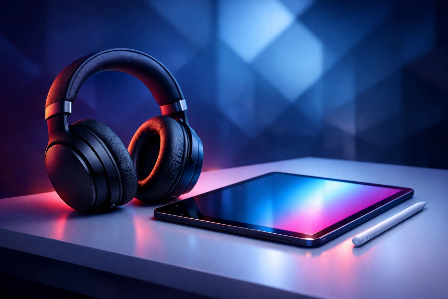 Productivity tools including noise-canceling headphones and a tablet to support mental clarity at work.