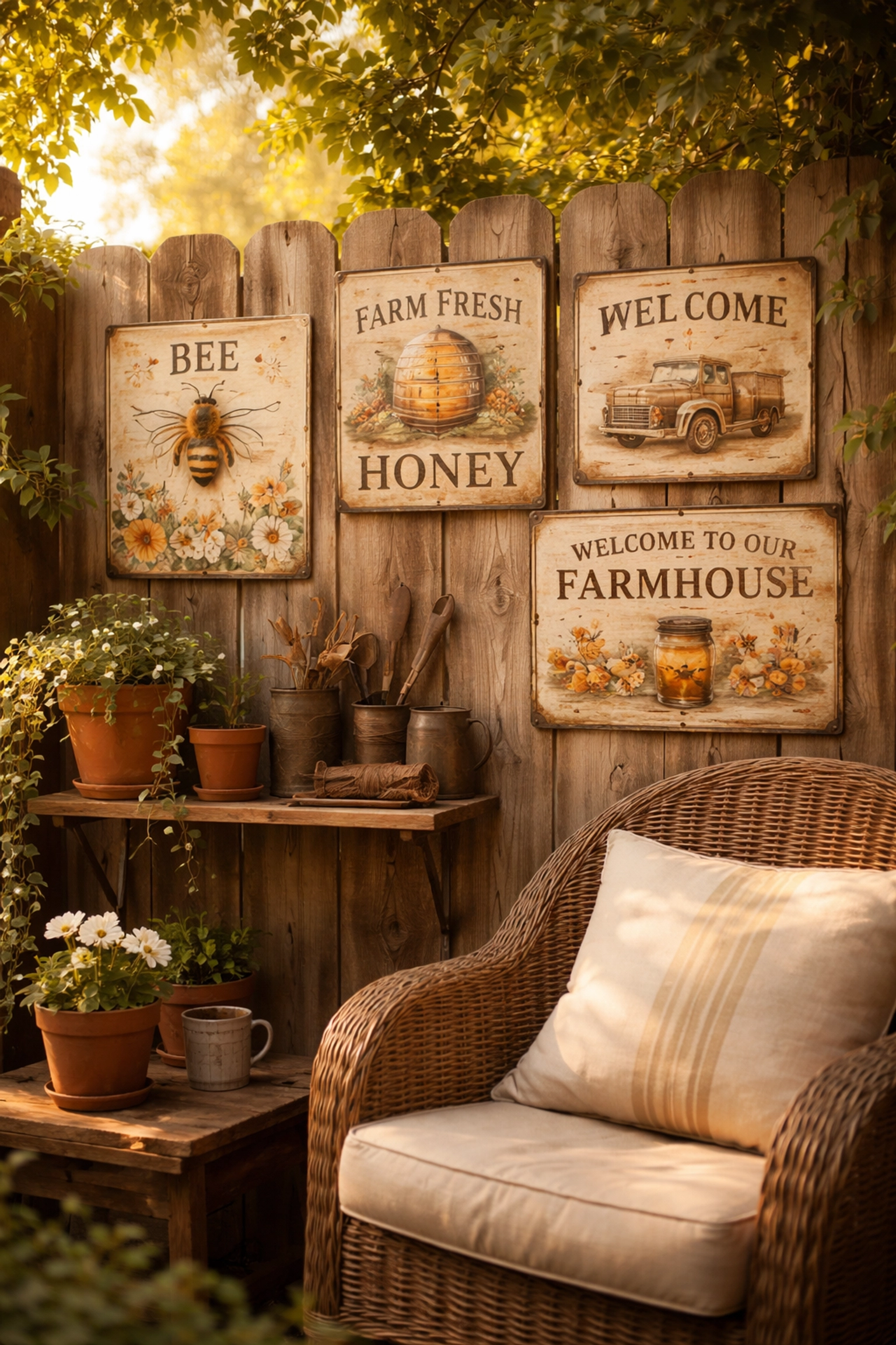 Cozy patio corner with vintage tin signs, terracotta pots, and wicker chair for artisan outdoor decor inspiration