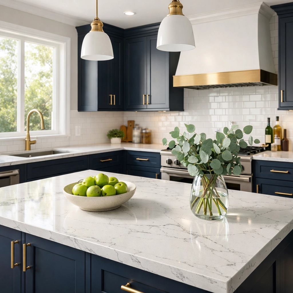 High-end kitchen remodel in Columbus Ohio with quartz countertops and custom navy blue cabinets.