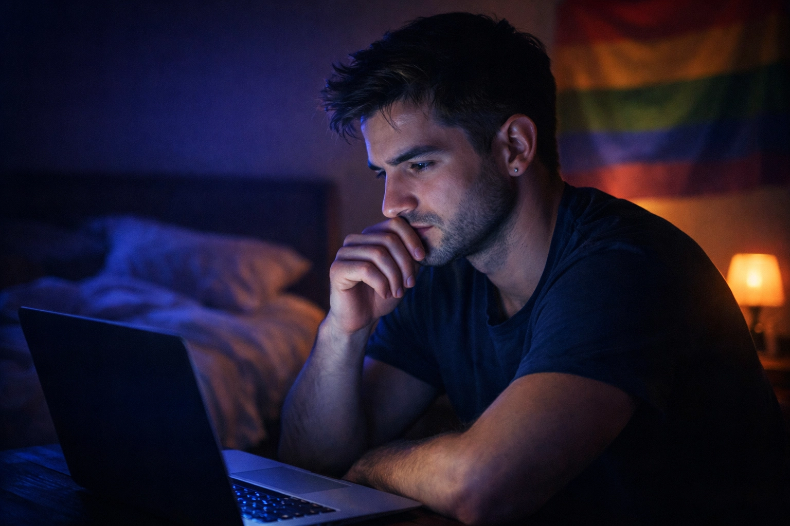 Gay man alone at night contemplating porn detox and recovery journey