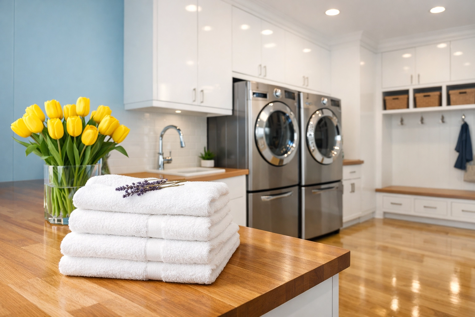 Freshly folded towels with lavender sprigs in a clean, bright eco-friendly laundry room.