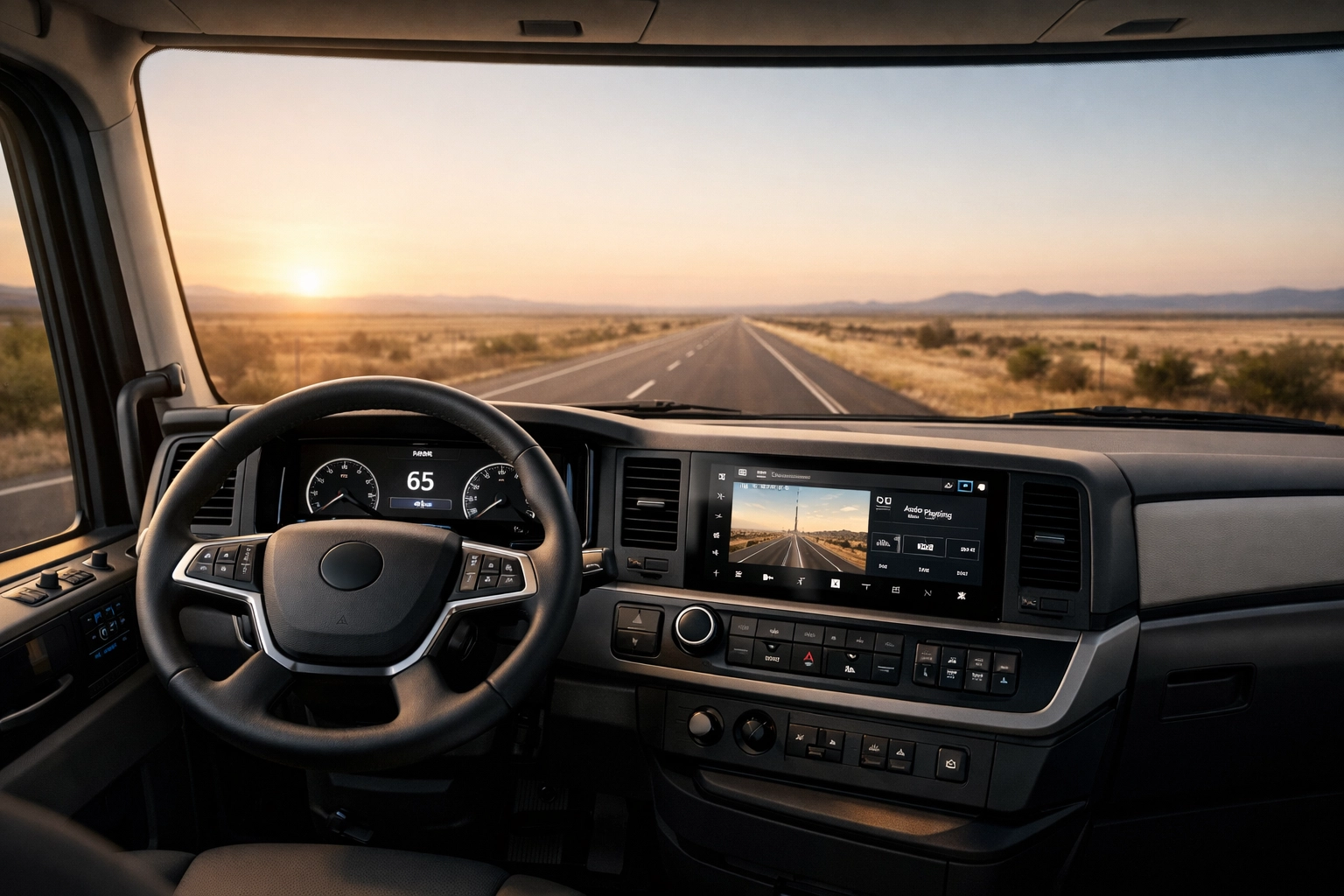 Modern semi-truck interior showing a high-tech dashboard and the open road ahead for truck drivers.