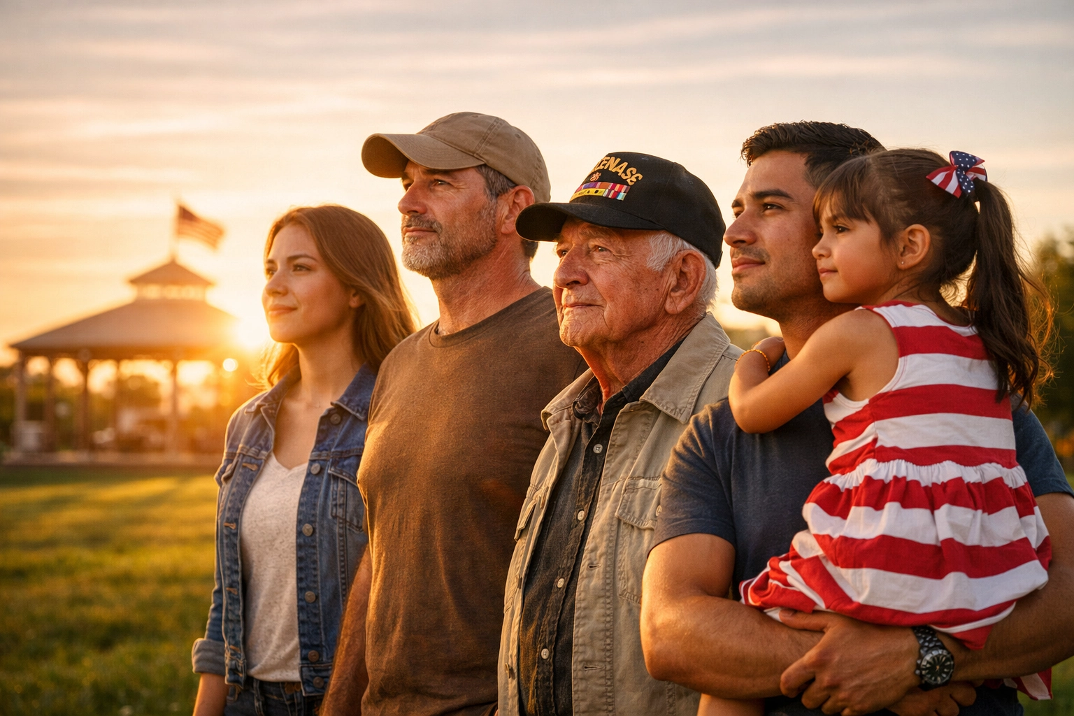 Diverse group of patriotic Americans standing together in unity in a sunlit community park.