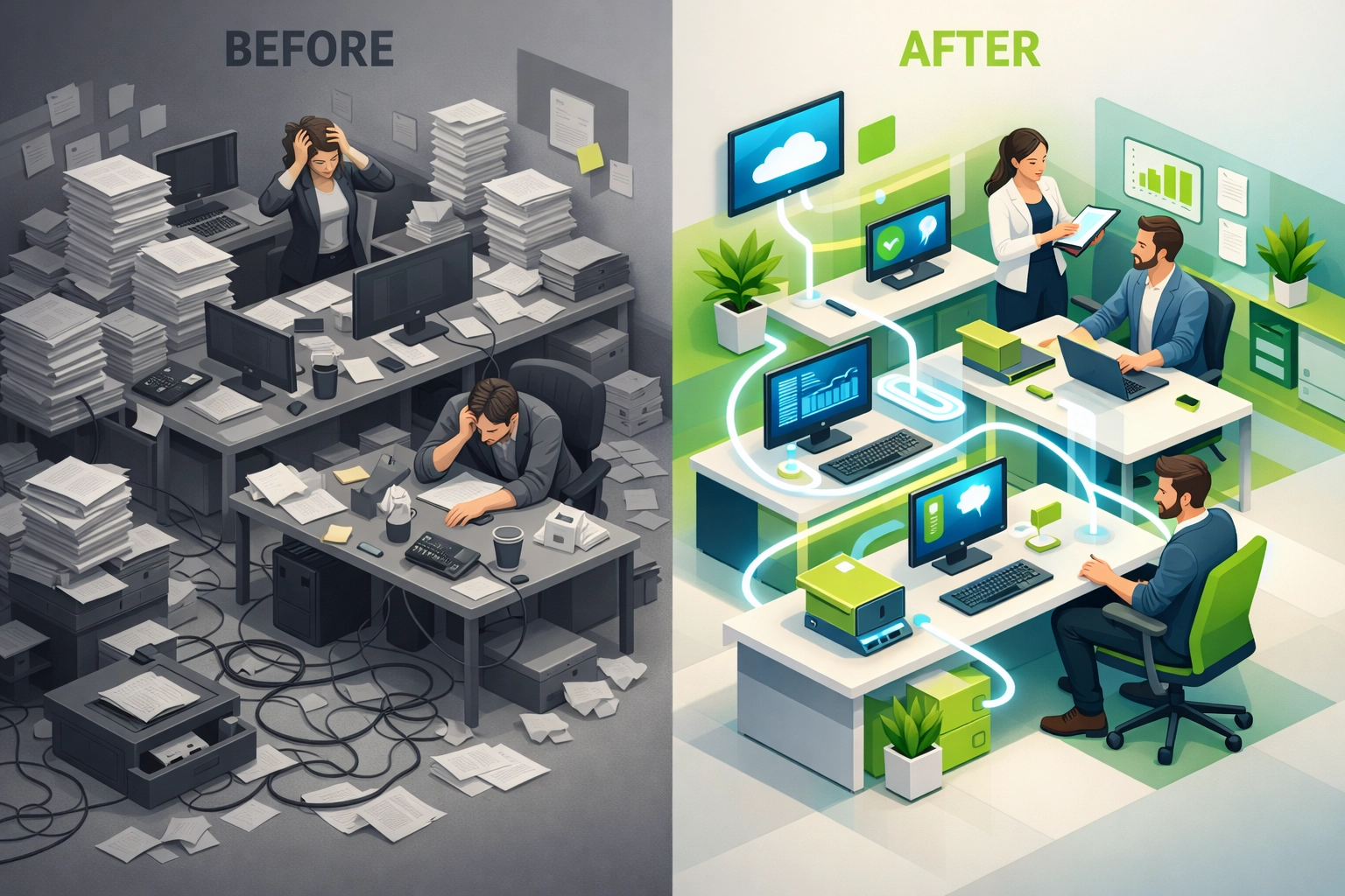 Before and after business transformation through workflow automation eliminating manual processes