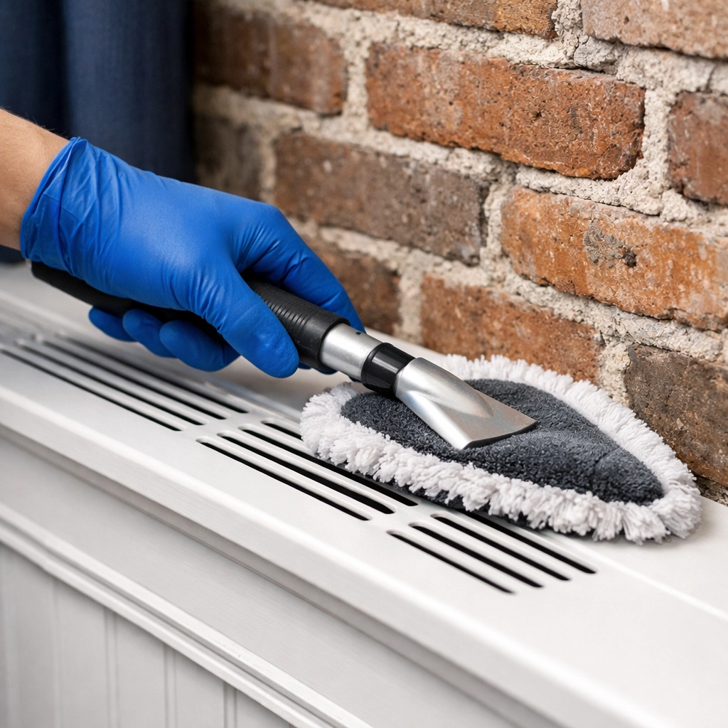 Detailed dusting of a historic radiator and brick wall during move-in/move-out cleaning in Lowell.