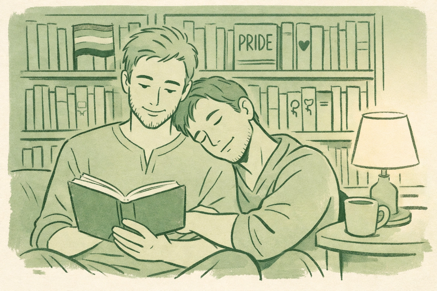 Gay couple enjoying character-driven MM romance in home library surrounded by queer books