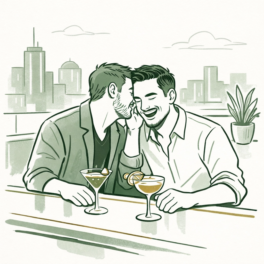 Gay couple sharing cocktails at modern rooftop bar counter