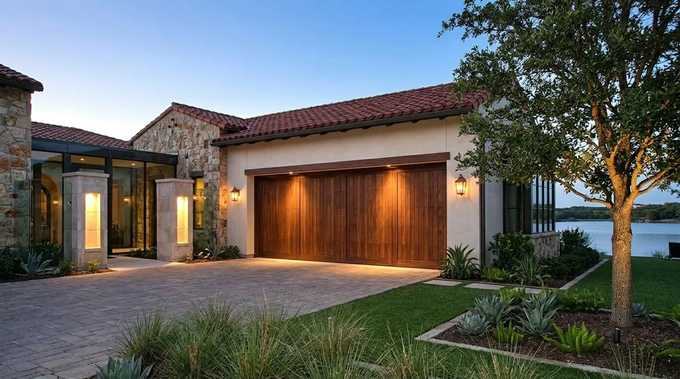 A perfectly maintained custom wood garage door on a luxury Austin estate, showcasing the long-term benefits of professional wood preservation.