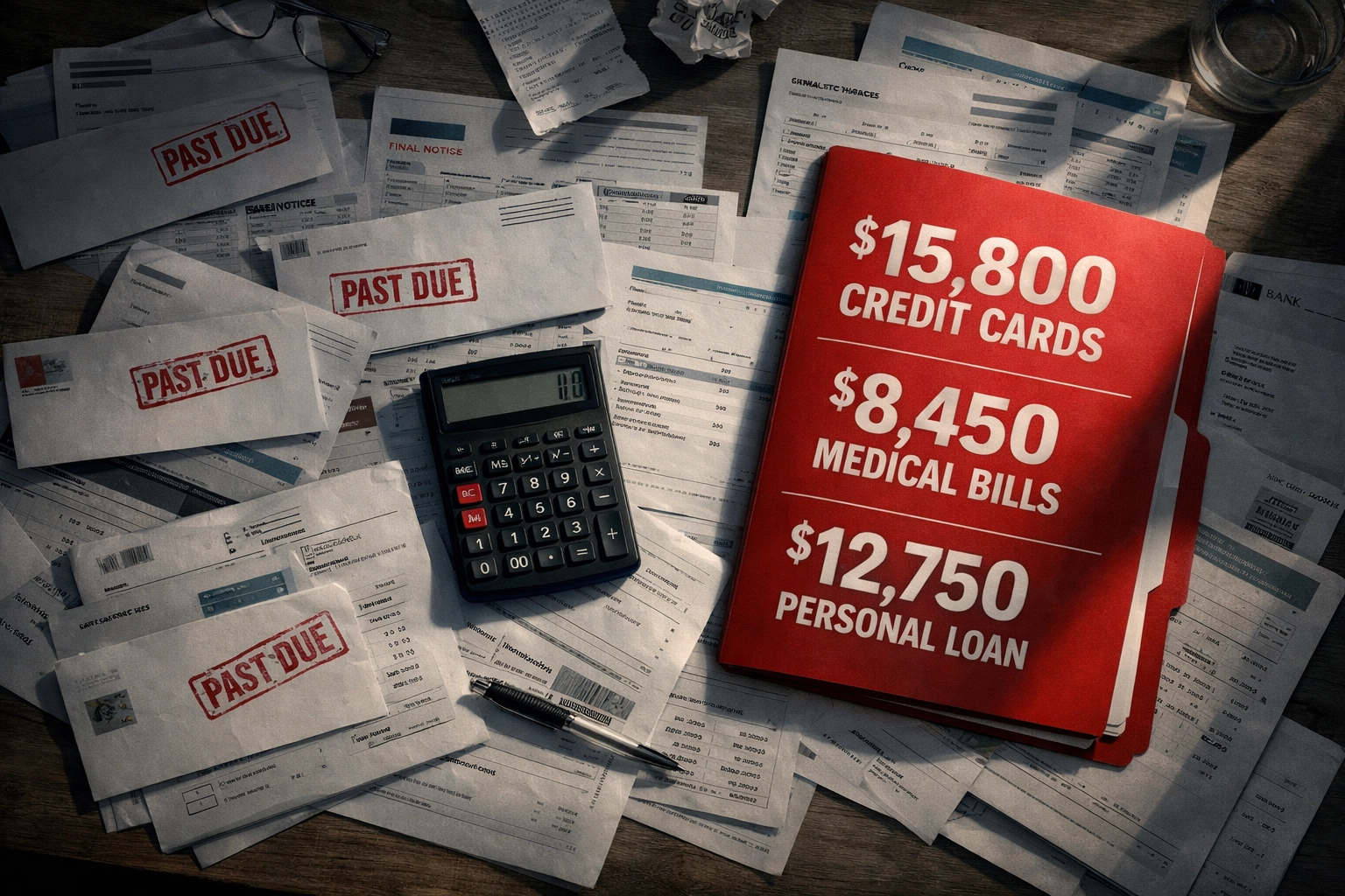 Family kitchen table covered with past due bills and debt statements showing financial burden
