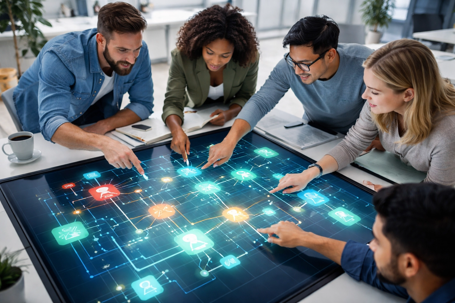 IT professionals collaborating around a touchscreen display with colorful workflow diagrams, showcasing autonomous workflows and ServiceNow strategy.
