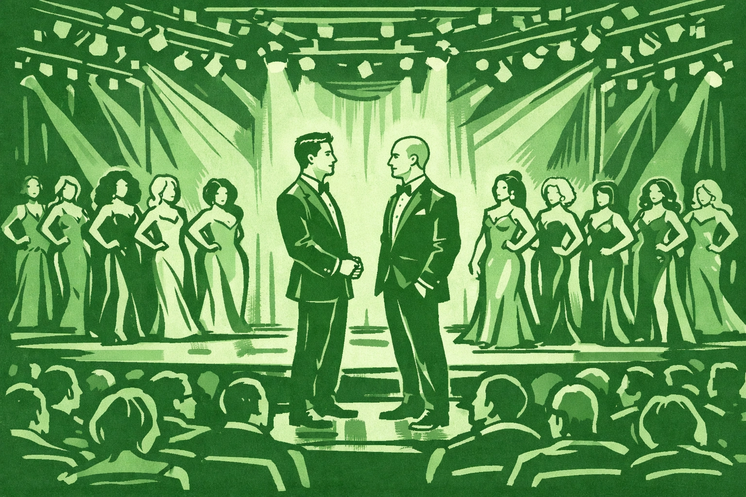 National drag pageant competition venue with contestants in evening wear on stage