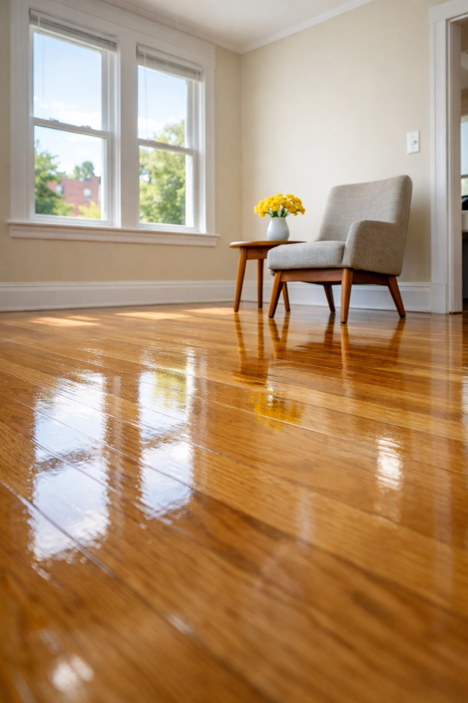 Gleaming hardwood floors in a Worcester house after professional house cleaning Worcester MA.