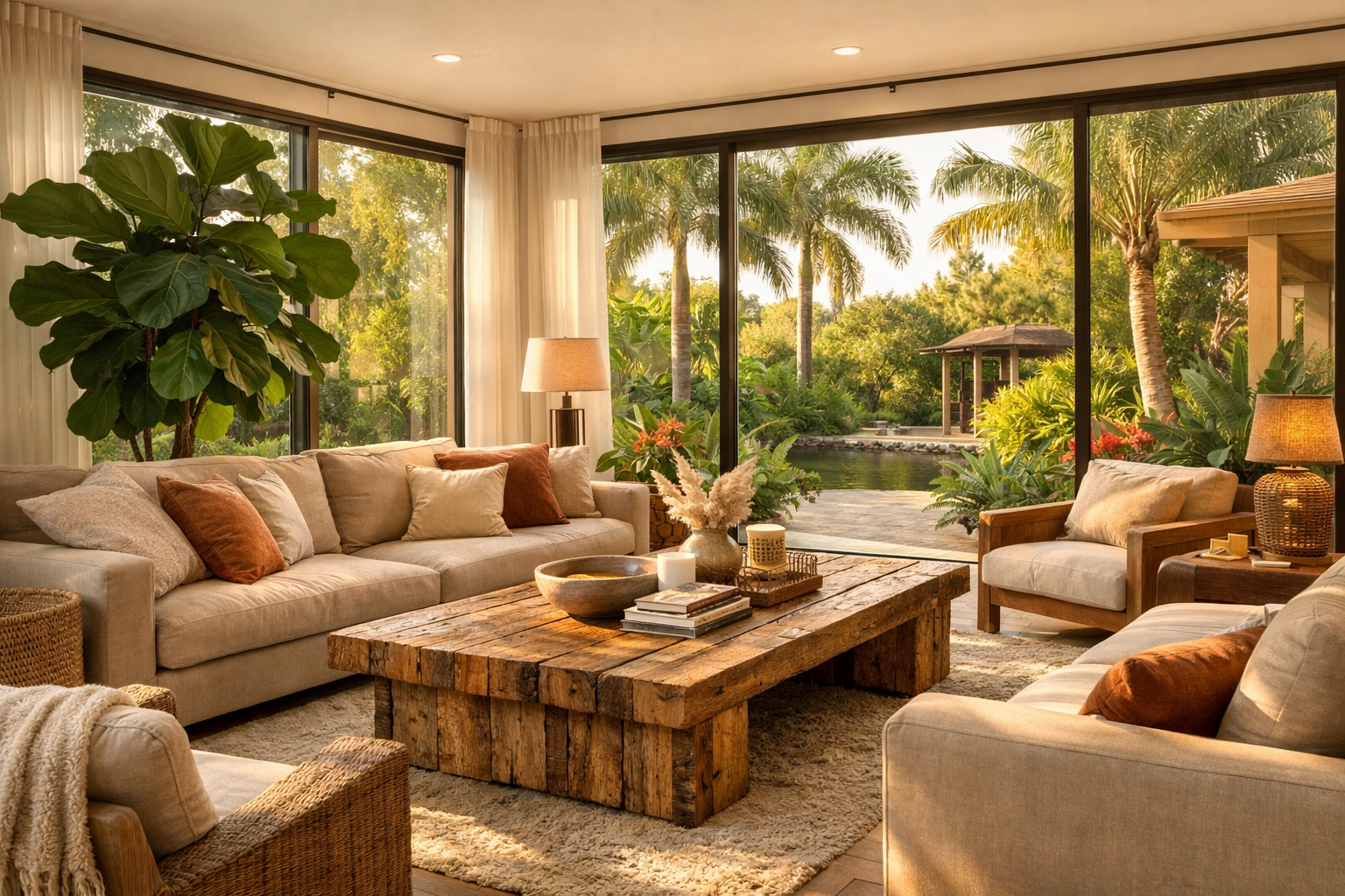 Modern Orlando living room featuring biophilic interior design and bright natural sunlight.