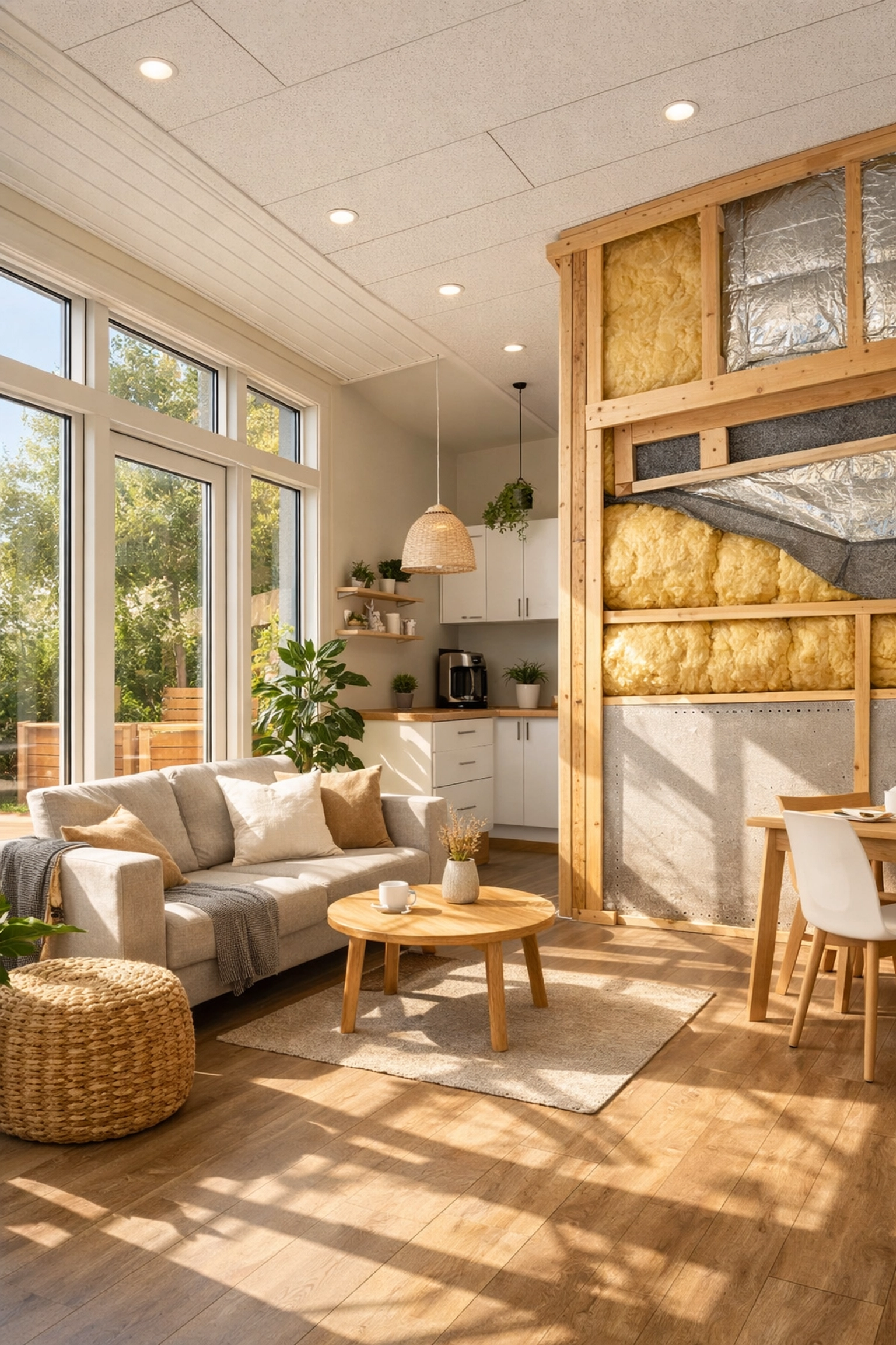 Energy-efficient modular home interior with double-glazed windows and natural lighting