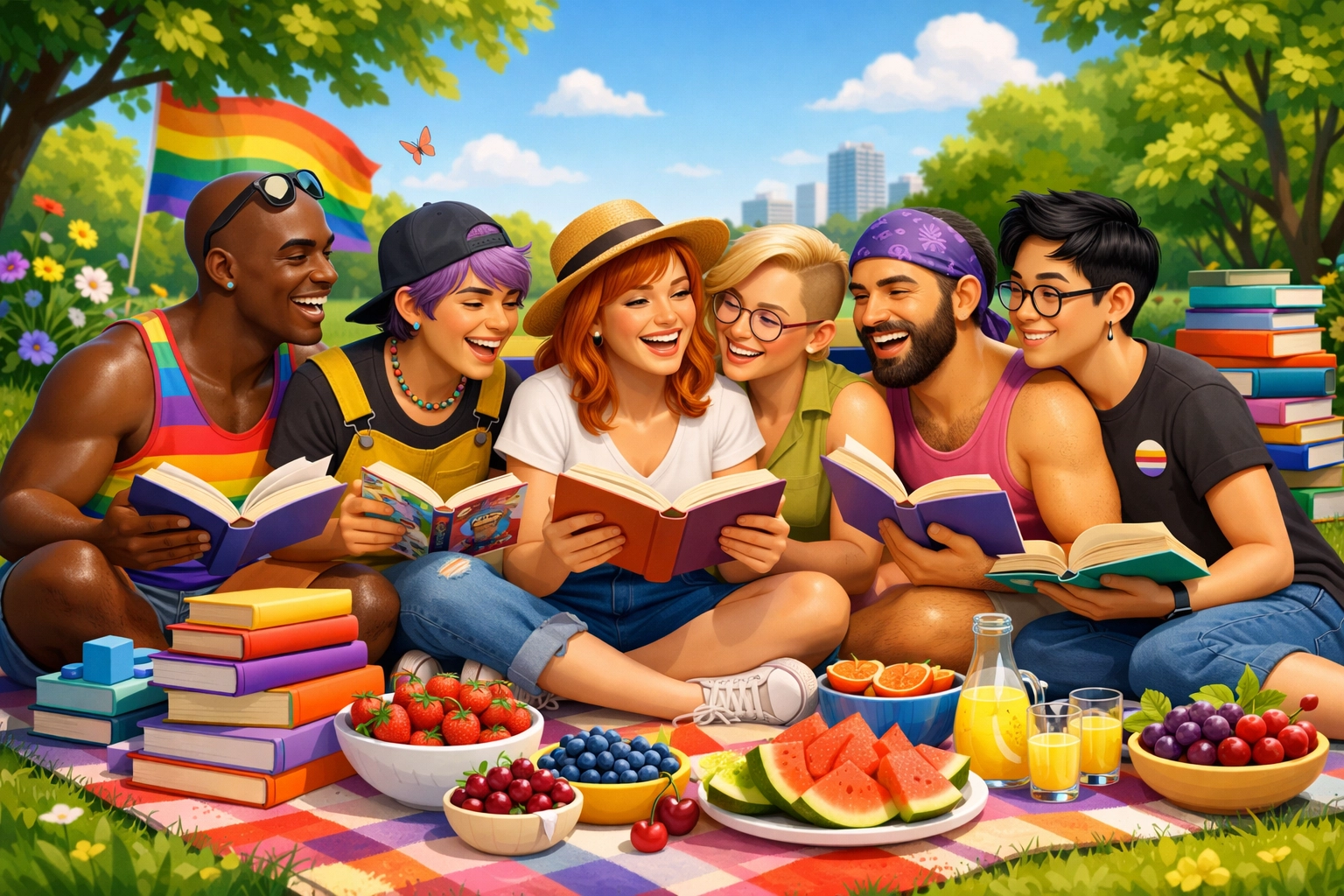 Diverse LGBTQ+ friends reading together at a sunny park picnic, celebrating queer literature community.