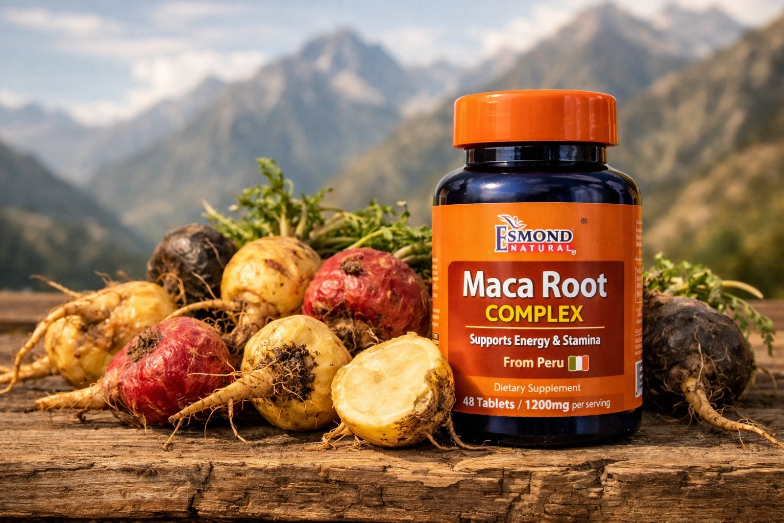 Maca root complex supplement bottle with fresh maca roots from Peru