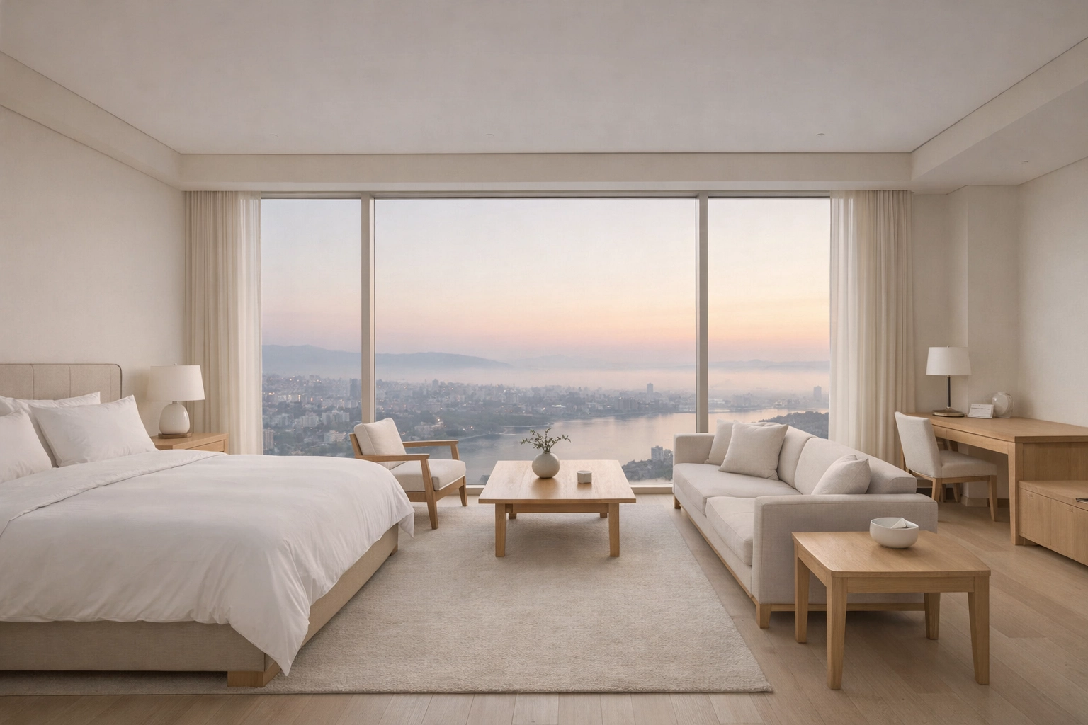 A serene luxury hotel suite representing the peace of mind brought by automated hotel software.