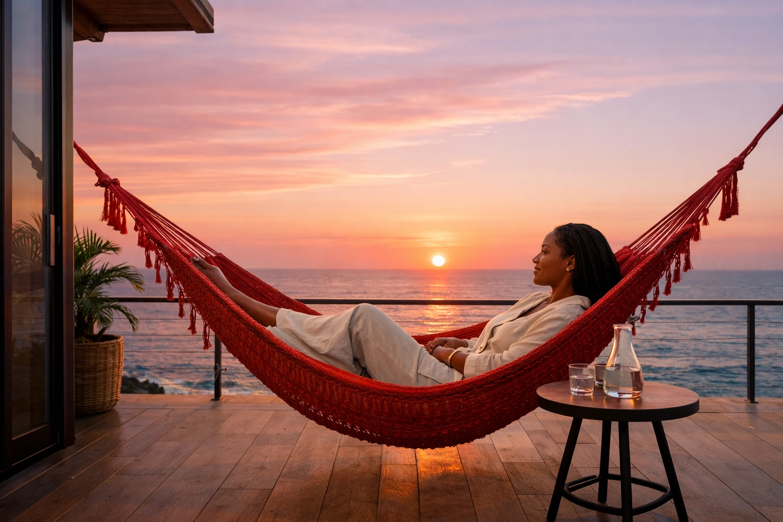 Woman relaxing in a Sea Terrace hammock on Virgin Voyages, recommended by your Lifestyle Cruises travel agent.